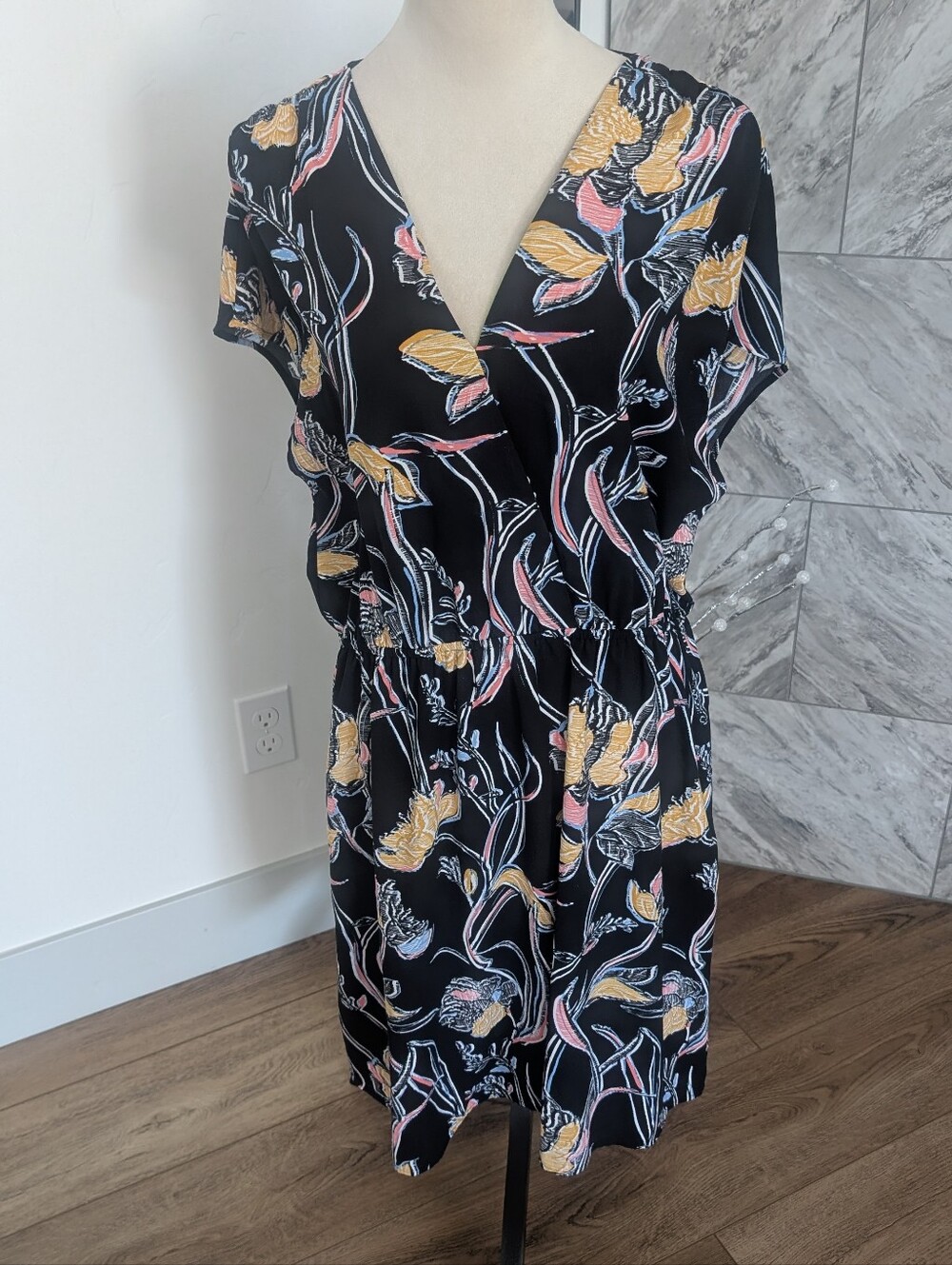 Halogen Black Floral Top with Pink & Yellow Accents